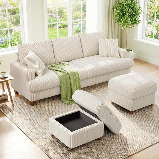 Kidirect 87in U Shaped Couch, Modular Sofa No Tool Assembly, Comfy Sectional Couches for Living Room 21in Deeper Seats, Corduroy Sofas for Living Room with 2 Pillows, Loveseat Sofa Set, Beige Couch