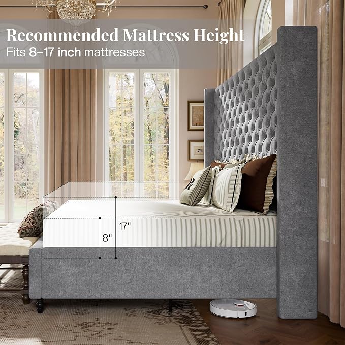 Jocisland Queen Size Bed Frame with 63" Tall Headboard, Upholstered Wingback Platform Design, Handcrafted Pleats & Deep Button Tufted, Solid Wood Legs, No Box Spring Needed, Grey