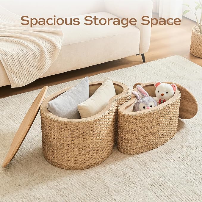 Cloud Nesting Coffee Table Set of 2 with Storage - Handwoven Wicker Rattan Ottoman Style, Boho Coastal Coffee Tables for Living Room, Rattan Coffee Table with Cover & Soild Wood Frame