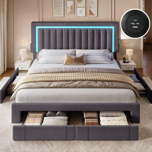 DWVO Queen Size Bed Frame with Adjustable Headboard, 4 Storage Drawers and RGB LED Lights, Velvet Upholstered Platform Bed with USB Ports, No Box Spring Needed, Fast Assembly, Noise-Free, Grey