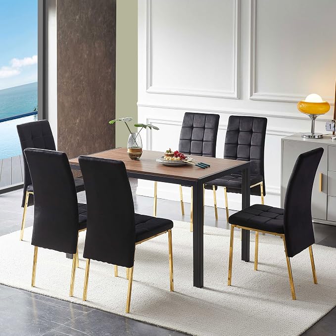 NORDICANA Upholstered Velvet Dining Chairs for 6, Classic High Back Kitchen Chairs Set of 6, Tufted Side Chairs, Golden Color Metal Legs, Black
