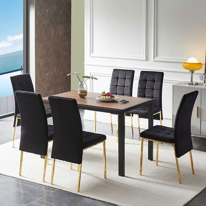 NORDICANA Upholstered Velvet Dining Chairs for 6, Classic High Back Kitchen Chairs Set of 6, Tufted Side Chairs, Golden Color Metal Legs, Black