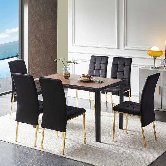 NORDICANA Upholstered Velvet Dining Chairs for 6, Classic High Back Kitchen Chairs Set of 6, Tufted Side Chairs, Golden Color Metal Legs, Black