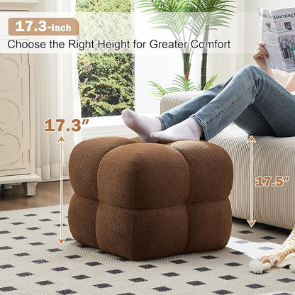 Zesthouse Square Pouf Ottomans Footstool Set of 2, Upholstered Poofy Ottoman for Couch Sofa, Modern Ottoman Coffee Table for Living Room, Rust Brown Boucle Fabric Stool Foot Rest, Cute Vanity Chair