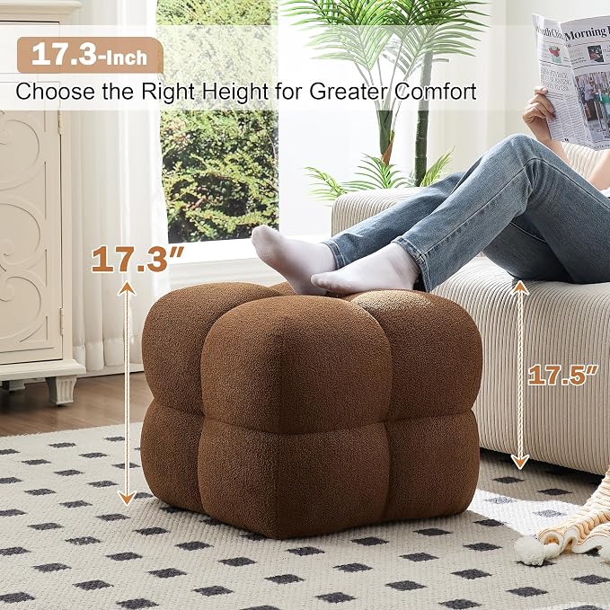 Zesthouse Square Pouf Ottoman Footstool, Modern Backless Vanity Chair for Bedroom, Boucle Poofy Footrest for Couch, Upholstered Tufted Footstool, Fabric Ottoman Coffee Table for Living Room Rust Brown