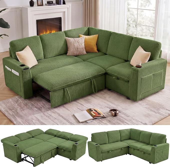 Sectional Sleeper Sofa with Pull Out Bed, Plush Corduroy 5 Seat Modular Sectional Sofa with Storage Chaise and Adjustable Backrest, Cloud Couches for Living Room, Apartment, Green