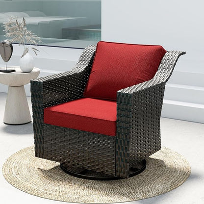 Outdoor Furniture Swivel Chair, Patio Glider Wicker Rocker Seating with Cushions for Porch Deck Balcony (Red)