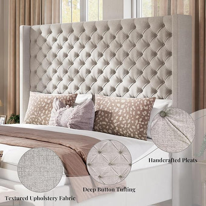 Jocisland Queen Size Bed Frame with 63" Tall Headboard, Upholstered Wingback Platform Design, Handcrafted Pleats & Deep Button Tufted, Solid Wood Legs, No Box Spring Needed, Ash White