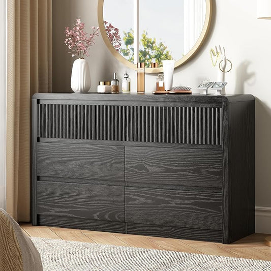 LYNSOM 7 Drawer Dresser for Bedroom, 50" Wide Fluted Dresser with Curved Corners, Wood Dressers & Chests of Drawers with Dual-Panel Design for Bedroom, Entryway, Black