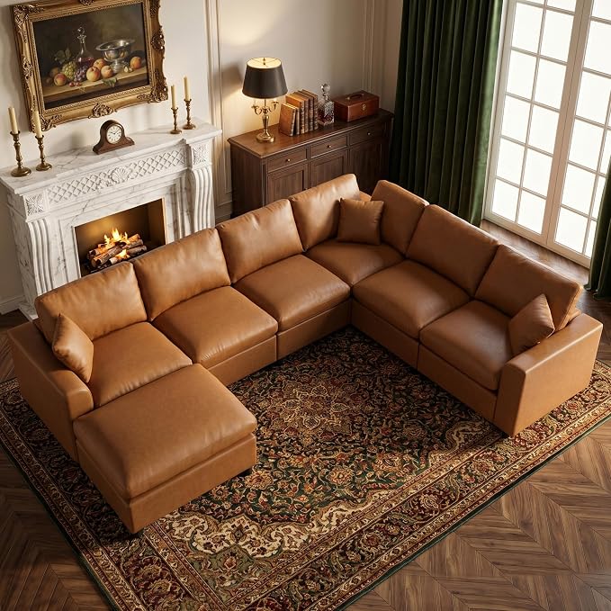 Oversized Leather Modular Sectional Sofa for Living Room, Brown | Extra Deep Seat, Pet-Friendly, Easy to Clean, Easy to Assemble, with Ottoman, Large 7 Seater U Shaped Cloud Couch