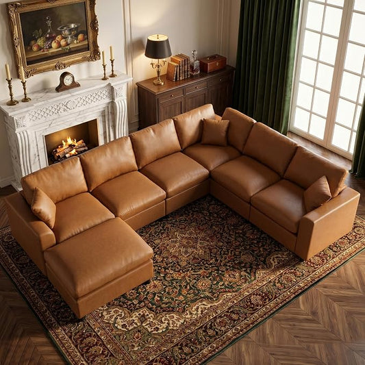 Oversized Leather Modular Sectional Sofa for Living Room, Brown | Extra Deep Seat, Pet-Friendly, Easy to Clean, Easy to Assemble, with Ottoman, Large 7 Seater U Shaped Cloud Couch