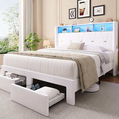 Allewie Queen Bed Frame with 2-Tier Storage Headboard, Charging Station & LED Light, Velvet Upholstered Platform Bed with 2 Drawers, Wingback Headboard, Gold Button Tufted, No Box Spring Needed, White