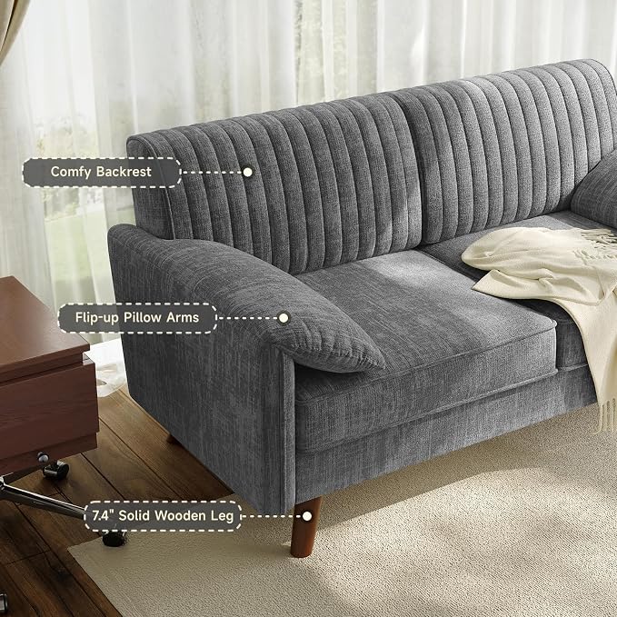 ONBRILL 64.5" Loveseat Sofa, Chenille Loveseat Couch for Living Room, 23.2" Deep Seat Love Seat with Padded Arms, Comfy Modern Small Couches for Bedroom, Small Spaces, Dorms, Office, Grey