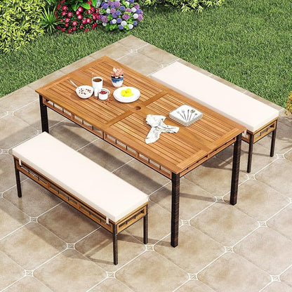 Tangkula 3 Pieces Wood Patio Dining Set, Outdoor PE Wicker Rectangular Acacia Wood Table and 2 Cushioned Benches with 1.97” Umbrella Hole, Outside Furniture Set for Deck, Garden and Backyard