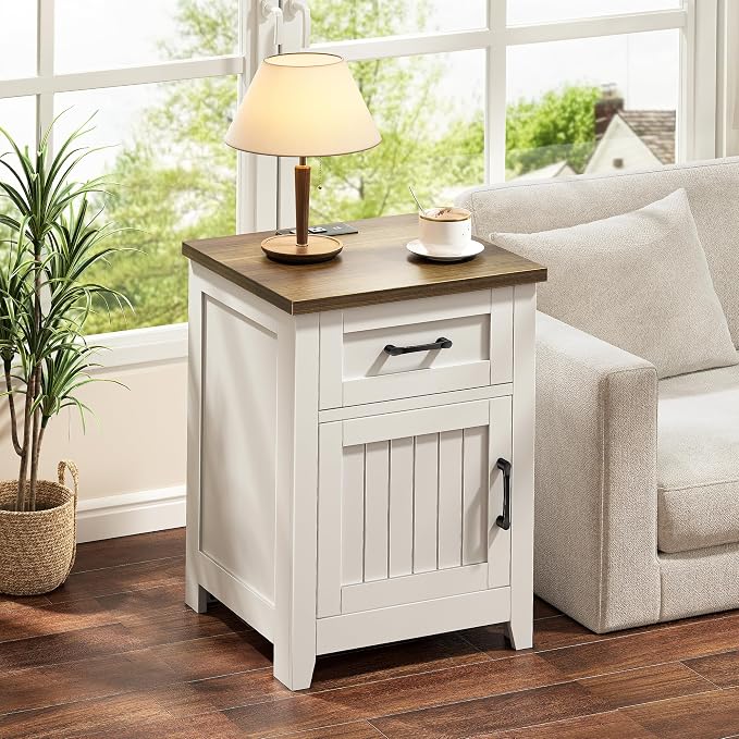 Decofy Farmhouse Nightstand with Charging Station, Set of 2 Modern End Tables with Large Storage and One Drawers, Outlets, USB Ports & Type-C Ports, Easy Assembly for Bedroom (Pure White + Walnut)
