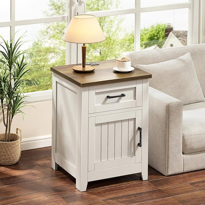 Decofy Farmhouse Nightstand with Charging Station, Modern End Tables with Large Storage and One Drawers, Outlets, USB Ports & Type-C Ports, Wood Rustic Nightstands for Bedroom (Pure White + Walnut)