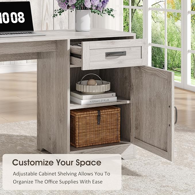 Whalefall 63'' Farmhouse L Shaped Desk with Monitor Stand Shelves, Gray | Corner Computer Desk with Drawers, Executive Home Office L Desk with File Cabinet Storage and Charging Station