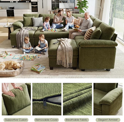 107.8" Oversized Modular Sectional Sofa with Pull Out Bed, 9 Seat U Shaped Sectional Sleeper Sofa with 291L Storage, Convertible Cloud Couch Bed, Sectional Couches for Living Room, Apartment (Green)