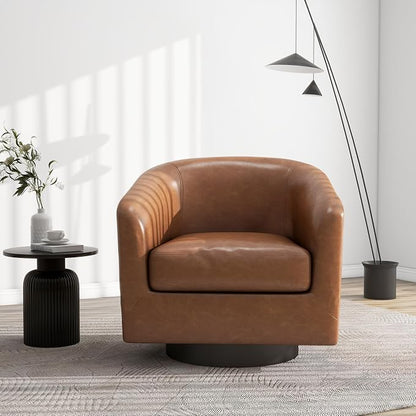 Swivel Barrel Accent Chair, Modern Round Faux Leather Arm Chair for Living Room, Bedroom, Comfy Club Reading Chairs for Adults(Faux Leather, Brown, Set of 4)