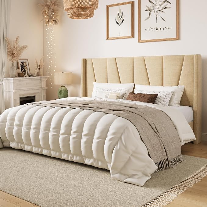 SHA CERLIN King Size Bed Frame with Geometric Wingback Headboard, Upholstered Platform Bed with 8" Under-Bed Space, No Box Spring Needed, Easy Assembly, Beige