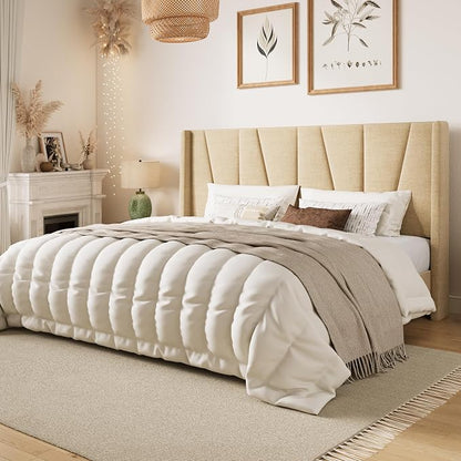 SHA CERLIN King Size Bed Frame with Geometric Wingback Headboard, Upholstered Platform Bed with 8" Under-Bed Space, No Box Spring Needed, Easy Assembly, Beige