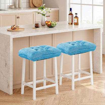 Rectangular Stool Cushion Set of 2, Soft Saddle Stool Cushions with Ties, Nonslip and Washable, Light Blue, 18 x 10.5 x 4 Inch