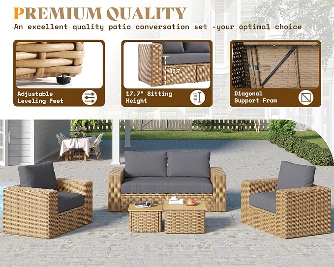 AMERLIFE 6-Piece Patio Sofa Set with Convertible Coffee Table - 8.3" Wide Armrests, UV-Resistant PE Rattan Outdoor Conversation Set for Balcony/Poolside, Waterproof Grey Cushions, Heavy-Duty Wicker