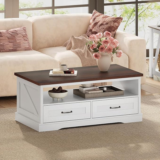 WLIVE Coffee Table for Living Room, 43" Framhouse Coffee Table with 2 Storage Drawers, Modern Center Table with Open Display Area, Elegant Curved Base, White