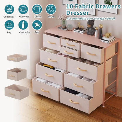 LUMTOK 10-Drawer Dresser, Fabric Storage Tower with Drawers for Bedroom, Dresser Drawer with Handle for Bedroom, Living Room, Hallway, Closets & Nurseryteel Frame, Wood Top (10 Drawer/Rose Gold)
