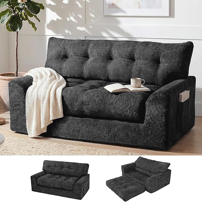 MONVANE 55.5" Convertible Loveseat Sofa, Comfy Chenille Cloud Couch with Storage Pocket, Modern Deep Seat Boneless Couch, 2 Seater Sofa for Living Room, No Assembly Required, Black