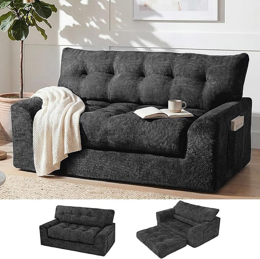 MONVANE 55.5" Convertible Loveseat Sofa, Comfy Chenille Cloud Couch with Storage Pocket, Modern Deep Seat Boneless Couch, 2 Seater Sofa for Living Room, No Assembly Required, Black