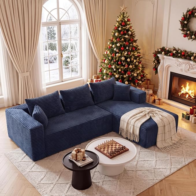 Modular Sectional Sofa, Boneless Compressed Sofa in a Box, L-Shaped Cloud Couch with Deep Seats & Chaise for Living Room, No Assembly Required (Blue, 92.5" L-Shape with Right Facing Chiase)