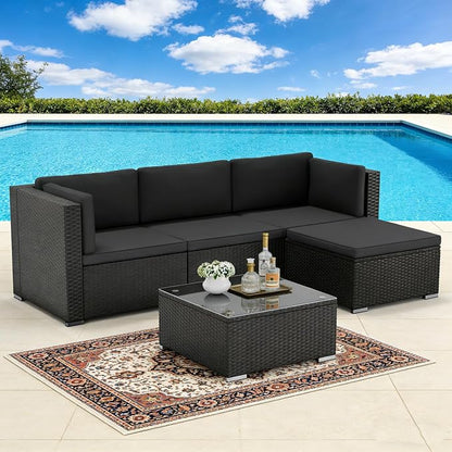 SUNCROWN 5-Piece Outdoor Patio Furniture Set, All-Weather PE Rattan Sectional Sofa with Ottoman, Glass Coffee Table & Cushions, Modular Wicker Conversation Set for Backyard, Garden, Porch, Dark Grey
