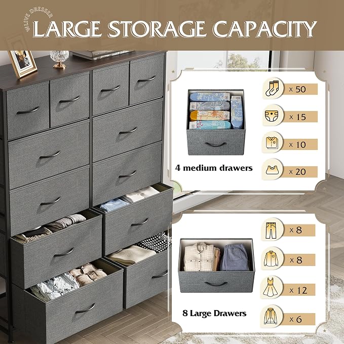 WLIVE Tall Dresser for Bedroom with 12 Drawers, Chests of Drawers, Fabric Dressers for Closet, Living Room, Storage Dresser Organizer with Wood Top, Steel Frame, Dark Grey