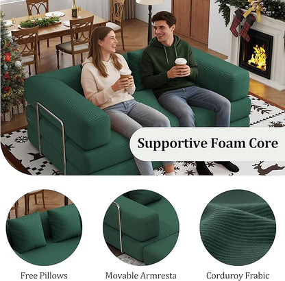 59.0 Inch Convertible Sofa Bed, 4-in-1Futon Sofas Bed Pull Out Sleeper Couch, Modern Deep Seat Sofa for Living Room, Corduroy Boneless Couches for Bedroom, Apartment, No Assembly (Green, 59” 2 Seat)
