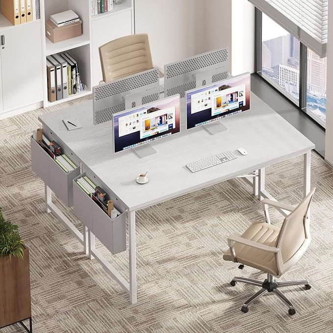 OLIXIS Computer Desk, 55 Inch Home Office Desks for Small Spaces, Writing Craft Study Gaming Table for Bedroom, Modern Computer Workstation with Storage Bag, All White