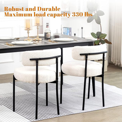 DYHOME White Boucle Dining Chairs Set of 4, Upholstered Kitchen Chairs with Thick Cushions and Metal Legs, Round Modern Dining Room Chairs