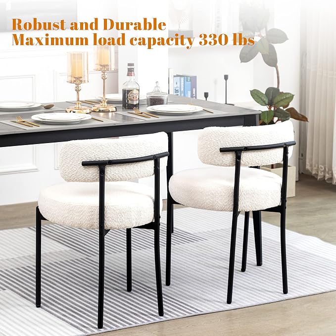 DYHOME White Boucle Dining Chairs Set of 2, Mid Century Modern Kitchen Chairs, Upholstered Dining Room Chairs with Curved Backrest and Black Metal Legs