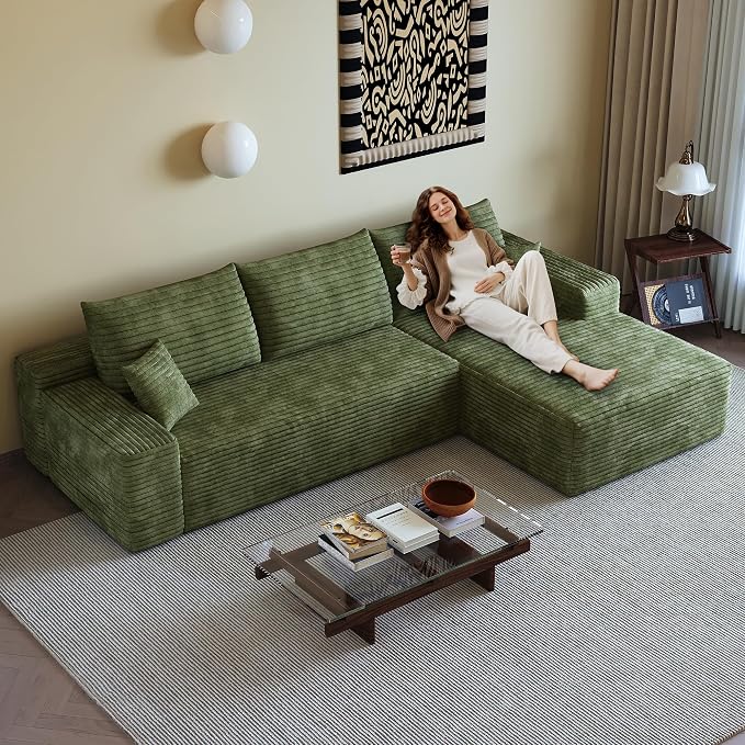 AUGOP 108" Sectional Couches for Living Room Modern Modular Sofa with L-Shape Couchs Upholstered Boneless Couch Deep Seat Sectional Couch with Chaise (Green, 108" Right Facing Chaise+2Seaters)