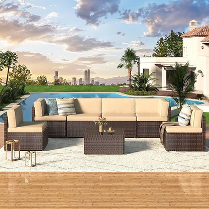 U-MAX 7 PCS Patio Funriture Set with Coffee Table (Four-line Rattan(7 pcs/with Cover), Brown Rattan&Beige)