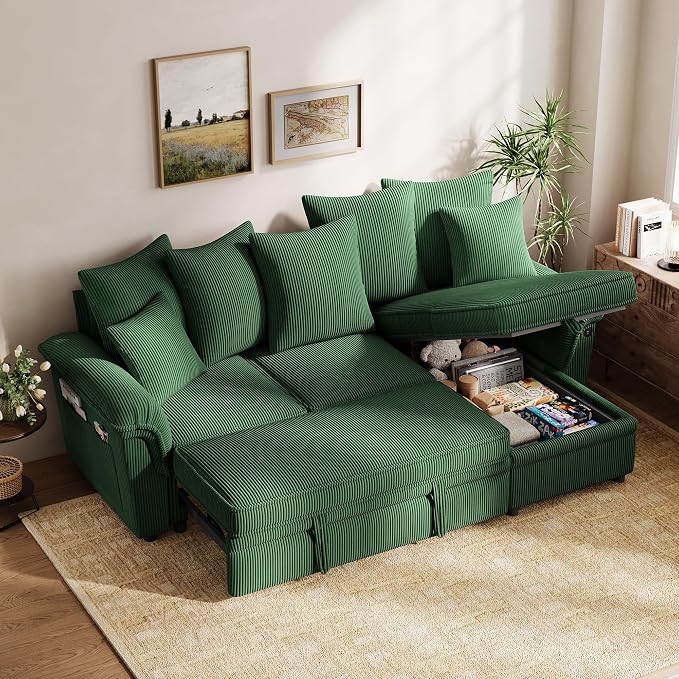 LINSY HOME 90.5'' Sectional Sleeper Sofa with Pull Out Couch Bed Modular (Green, 90.5'') | USB Charging