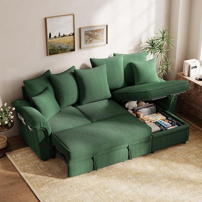 LINSY HOME 90.5'' Sectional Sleeper Sofa with Pull Out Couch Bed Modular (Green, 90.5'') | USB Charging