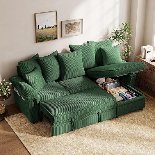 LINSY HOME 90.5'' Sectional Sleeper Sofa with Pull Out Couch Bed Modular (Green, 90.5'') | USB Charging