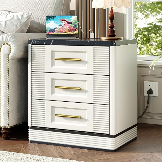 RECHHX 3 Drawer Dresser for Bedroom, 25.6" Tall Nightstand with Charging Station, Farmhouse 23.6" Wide End Table, Thermoformed Curved Small Chest of Drawers for Bedroom, Living Room, White