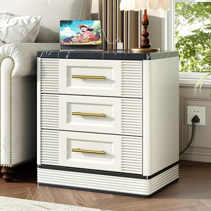 RECHHX 3 Drawer Dresser for Bedroom, 25.6" Tall Nightstand with Charging Station, Farmhouse 23.6" Wide End Table, Thermoformed Curved Small Chest of Drawers for Bedroom, Living Room, White