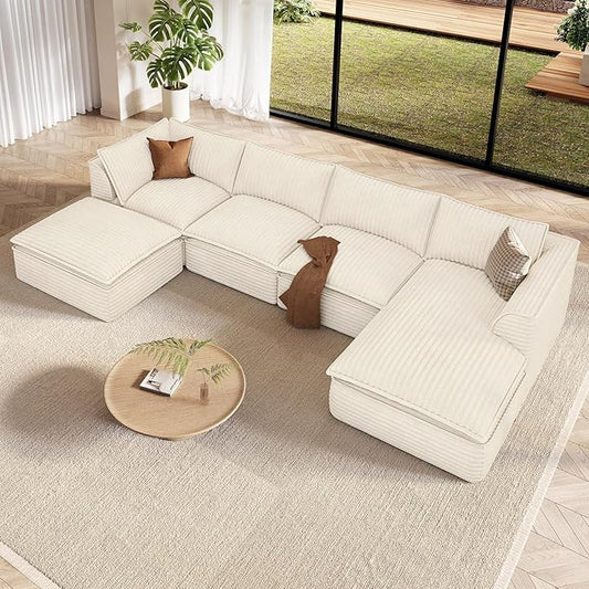 Vesgantti 141.7" U Shaped Sectional Boneless Couch, Modern 6 Seater Modular Sofa with Chaise & Ottoman, Deep Seat Plush Corduroy Cloud Couches for Living Room, No Assembly Required, Beige