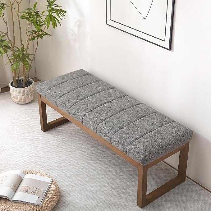 Zihanhome 52.7" Bedroom Bench for End of Bed, Modern Upholstered Teddy Fabric Entryway Bench & Dining Bench, Footrest Stool Bench with Solid Wood Frame for Bedroom, Living Room (Light Grey)
