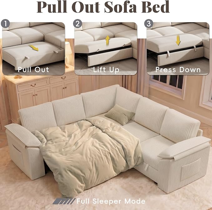 85 Inch Modular Sectional Sofa with Pull Out Couch Bed, L Shaped 5 Seat Sectional Couch with Storage, Corduroy Sectional Couches for Living Room, Cloud Modular Couch, Removable Sofa Cover, Beige