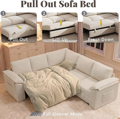 85 Inch Modular Sectional Sofa with Pull Out Couch Bed, L Shaped 5 Seat Sectional Couch with Storage, Corduroy Sectional Couches for Living Room, Cloud Modular Couch, Removable Sofa Cover, Beige