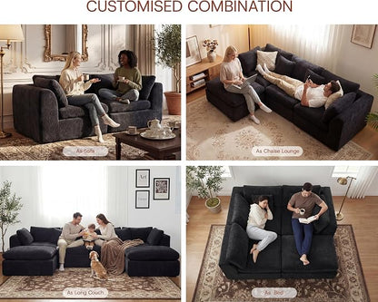 GRUSIGN 110'' Oversized Boneless Cloud Couch for Living Room, Modern Big Sectional Compressed L Shape Couch with Ottoman, Comfy Chenille Deep Seat Memory Foam Spineless 4 Seater Sofa, Black